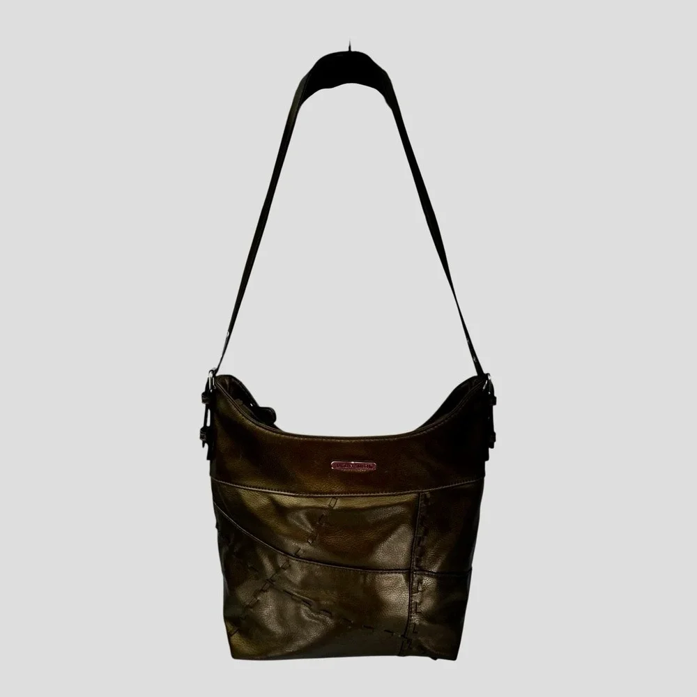 Jaclyn Smith Thread Stitch Detail Purse Strap Brown Bronze Faux Leather Bag